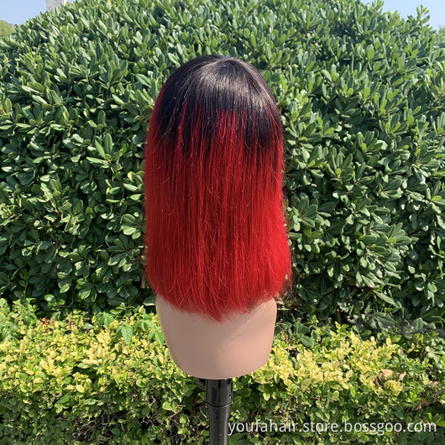 Fashion Ombre Color 1b Burg Peruvian Human Hair None Lace Short Bob Wig Wholesale Straight Machine Made Human Hair Bob Bangs Wig